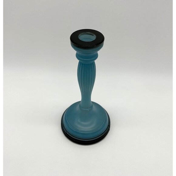 Vintage Glass Candlestick Holder Blue Black Ribbed 1940s Mid Century Decor - Picture 1 of 10